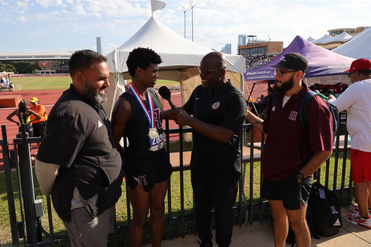 Nicholas L. Ferguson interviewed by Houston ISD media alongside Coach Peraza after winning the 2026 UIL Texas 6A Boys 800m State Championship