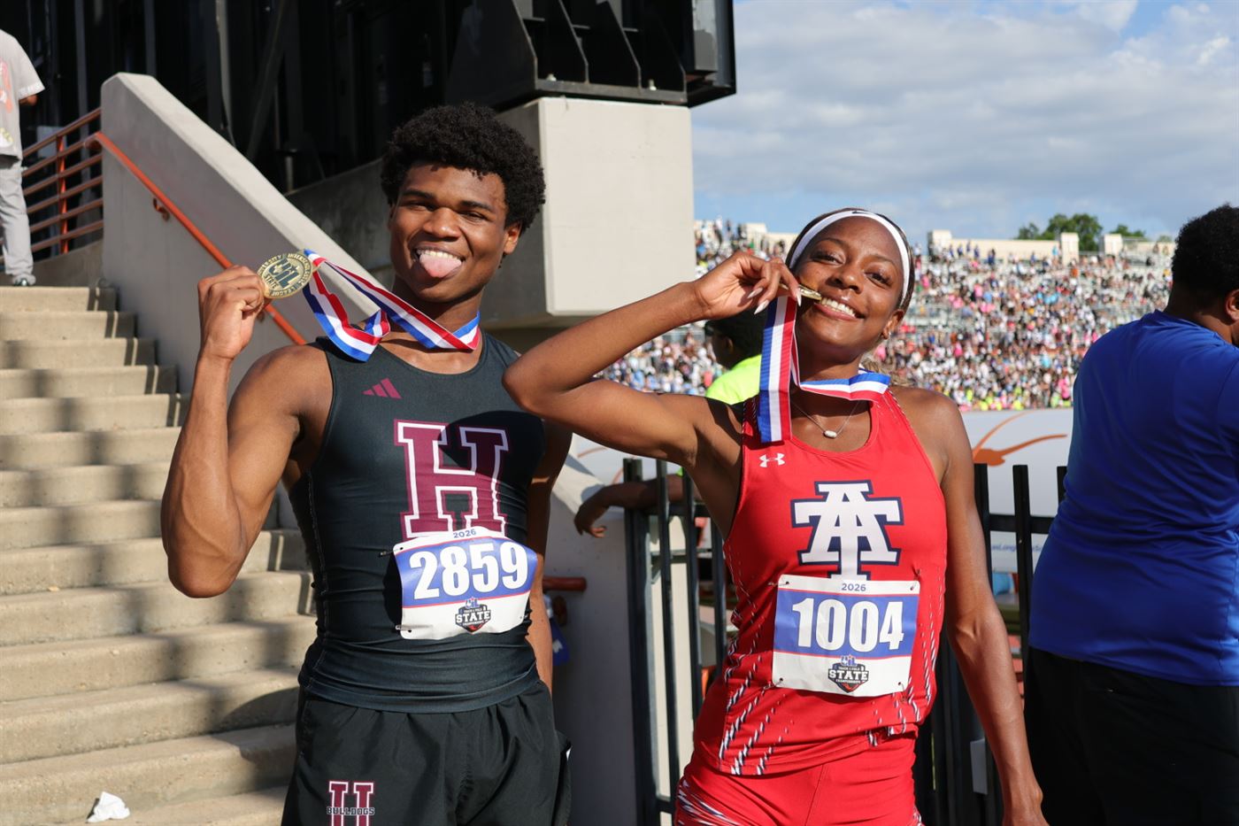 Nicholas L. Ferguson, 2026 UIL Texas 6A Boys 800m State Champion, with McKale Lee of Alief Taylor, 2026 UIL Texas Girls 800m State Champion